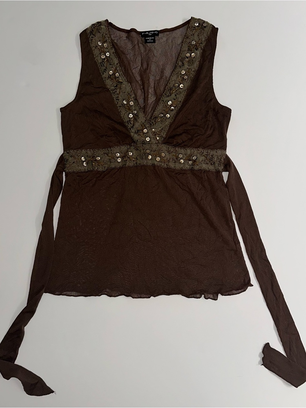 Y2K FANG Beaded Brown Boho Babydoll V-Neck Sleeveless Top